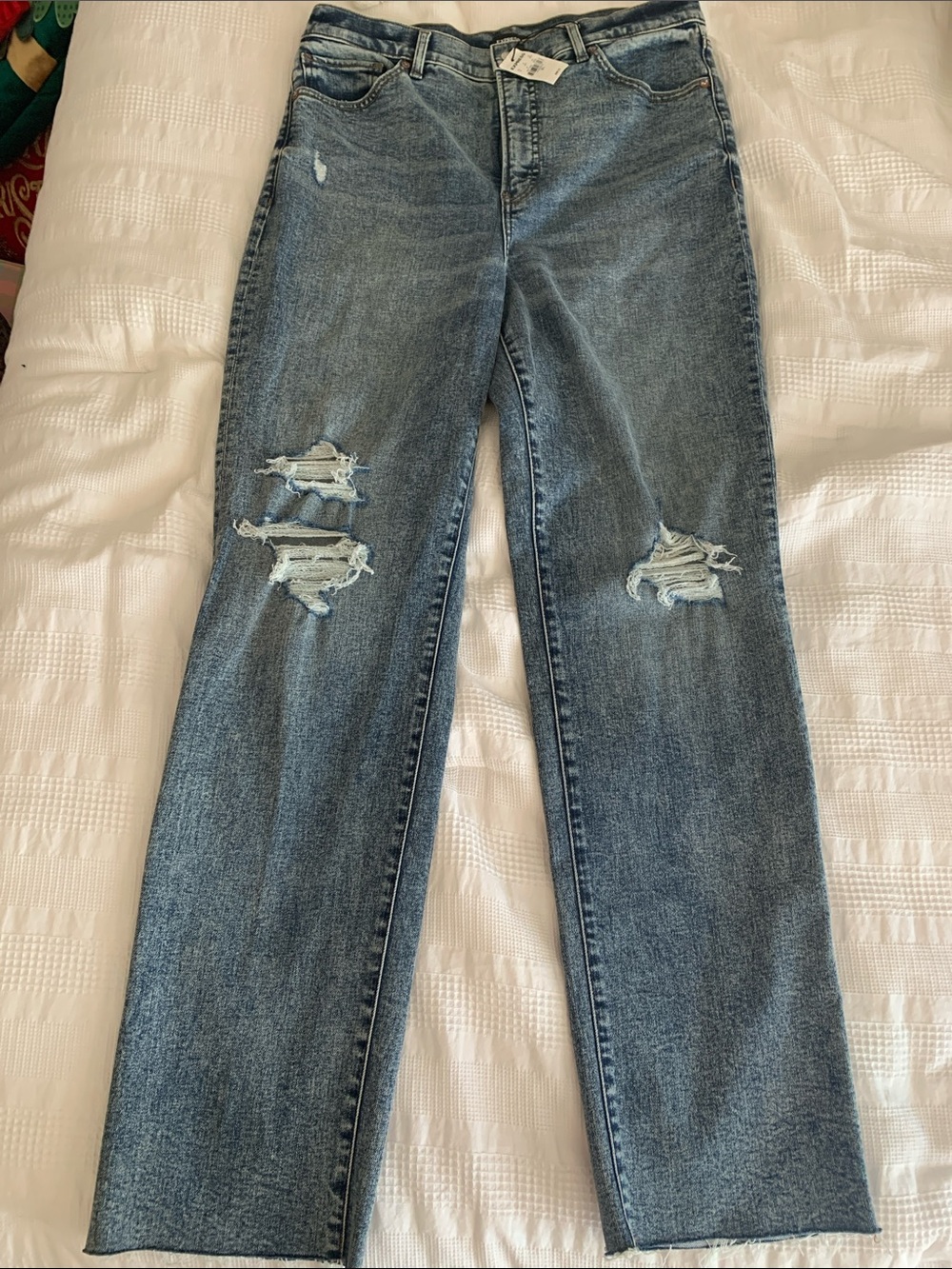 Express Women's Straight Leg Distressed Jeans in Medium Blue